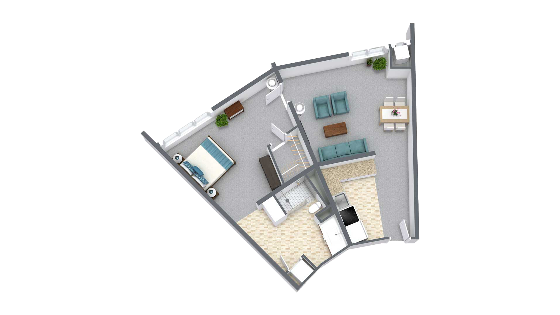 Copeland Tower Living senior apartment autocad rendering showing the complete layout of the kitchen, livingroom with windows, bedroom with windows, walk-in closet, and bathroom